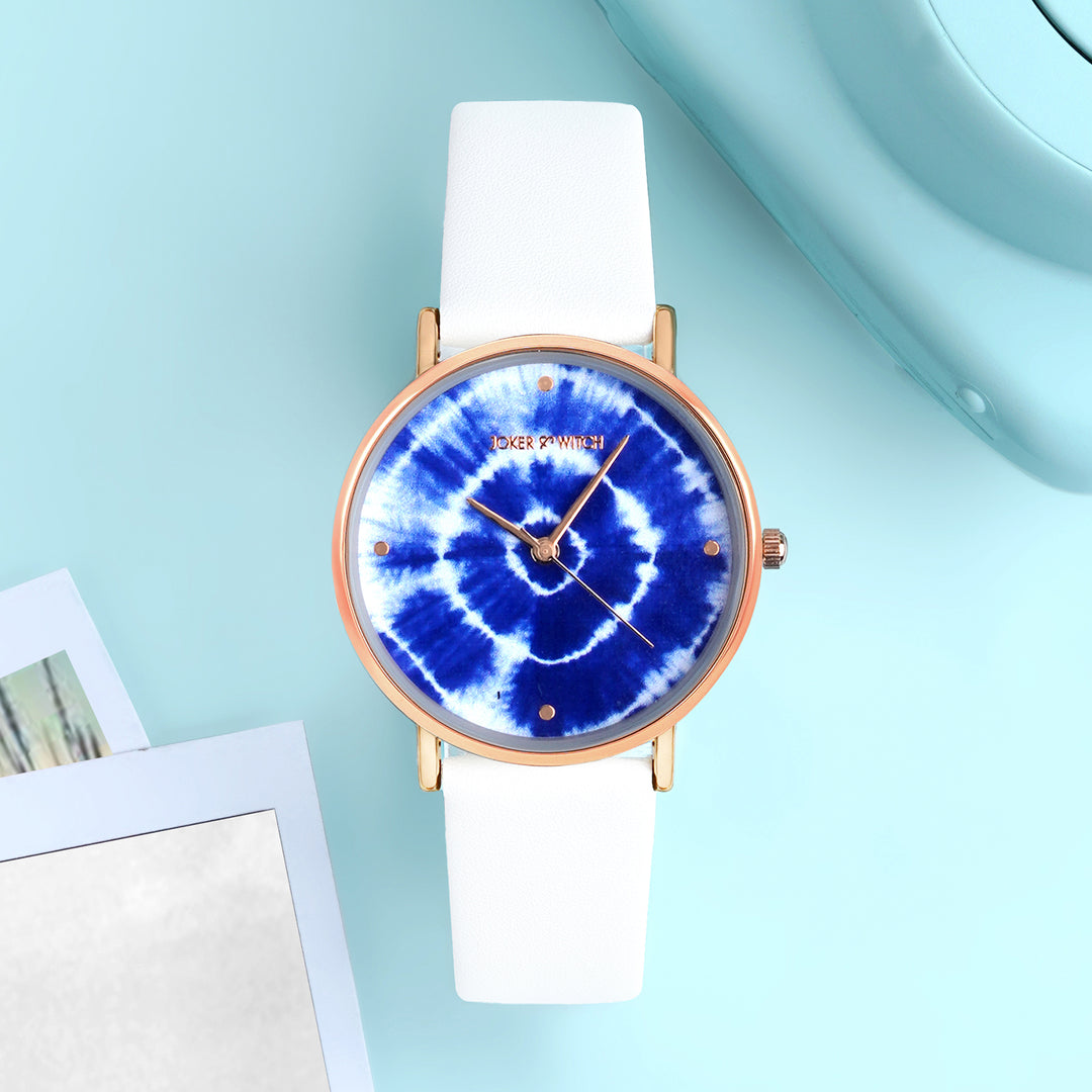 Printed Indigo Tie-Dye Blue Medium Dial White PU Strap Women's Watch
