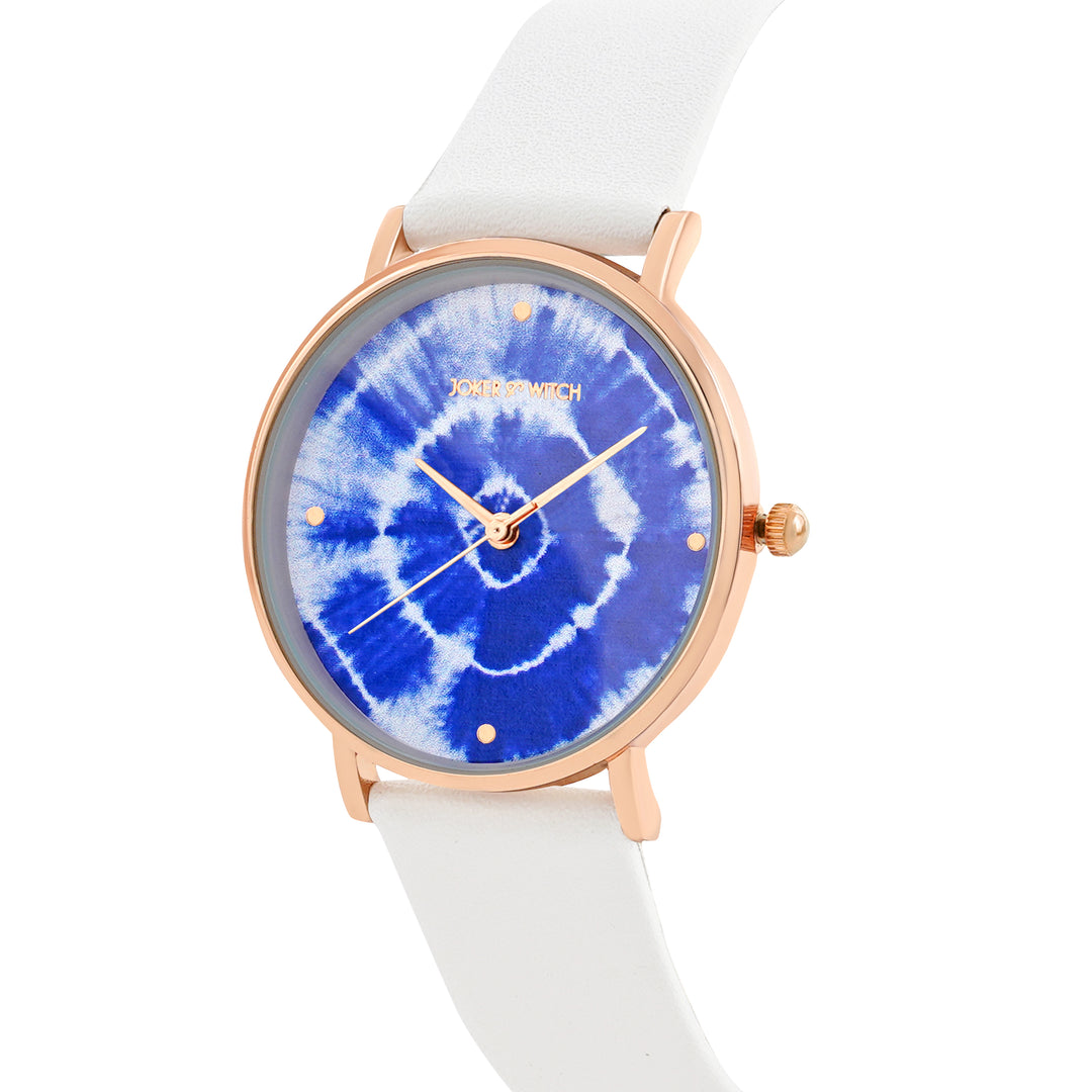 Printed Indigo Tie-Dye Blue Medium Dial White PU Strap Women's Watch