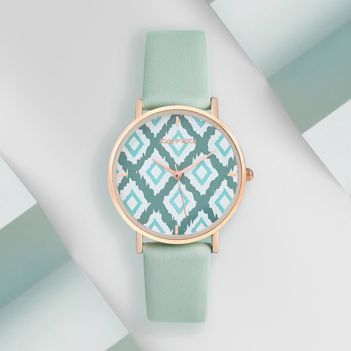 Printed Teal Trip Medium Dial Green PU Strap Women's Watch