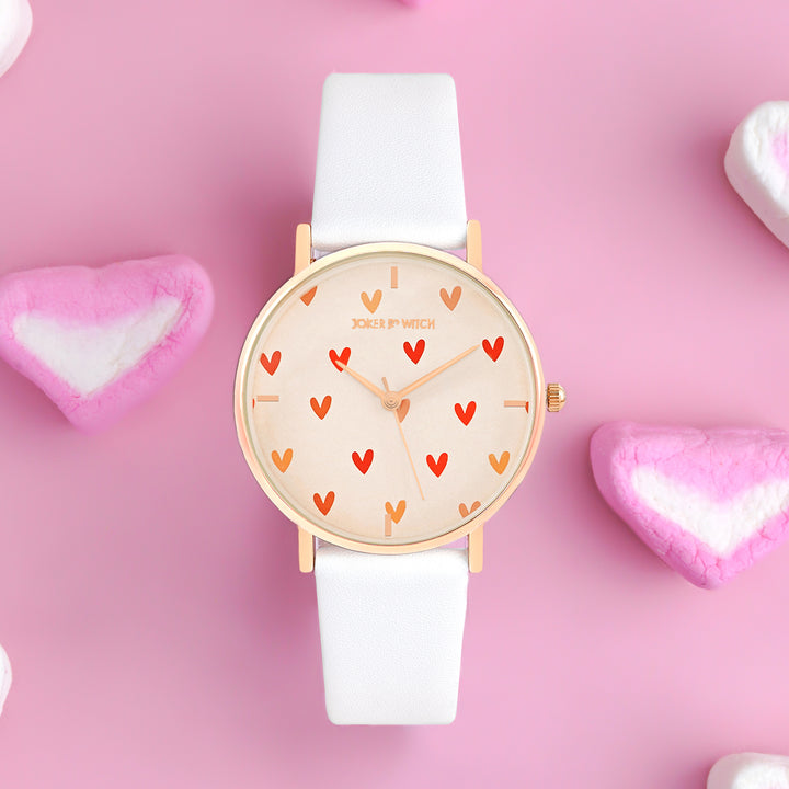 Printed Happy Heart Pink Medium Dial White PU Strap Women's Watch
