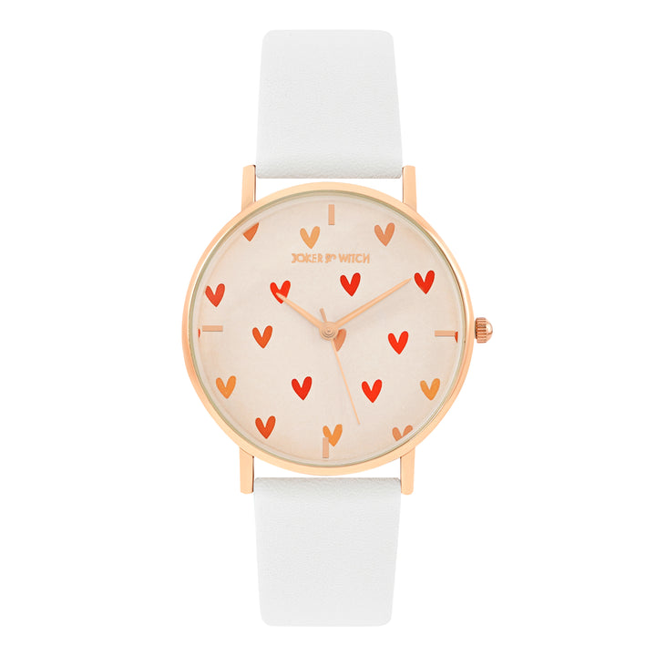 Printed Happy Heart Pink Medium Dial White PU Strap Women's Watch