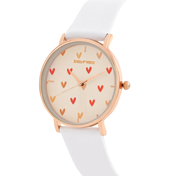 Printed Happy Heart Pink Medium Dial White PU Strap Women's Watch