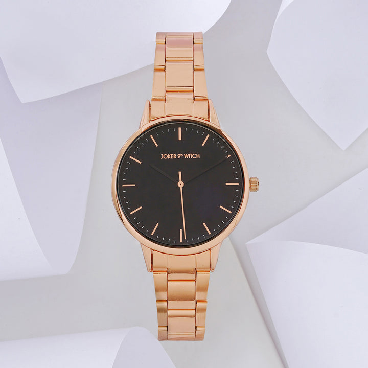 Tokyo Black Medium Dial Rose Gold Linked Chain Strap Women's Watch