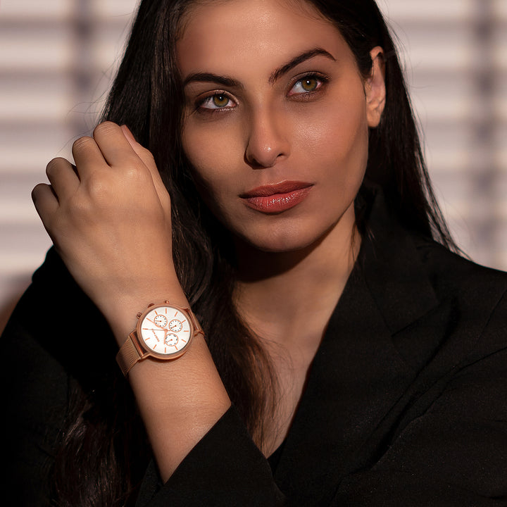 Moscow White Large Dial Rose Gold Mesh Strap Women's Watch