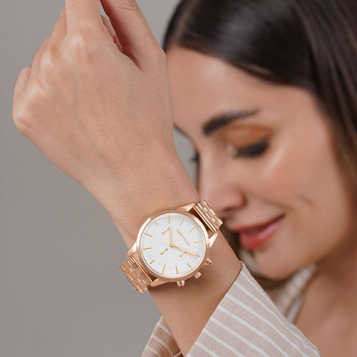 Prague White Large Dial Rose Gold Linked Chain Strap Women's Watch