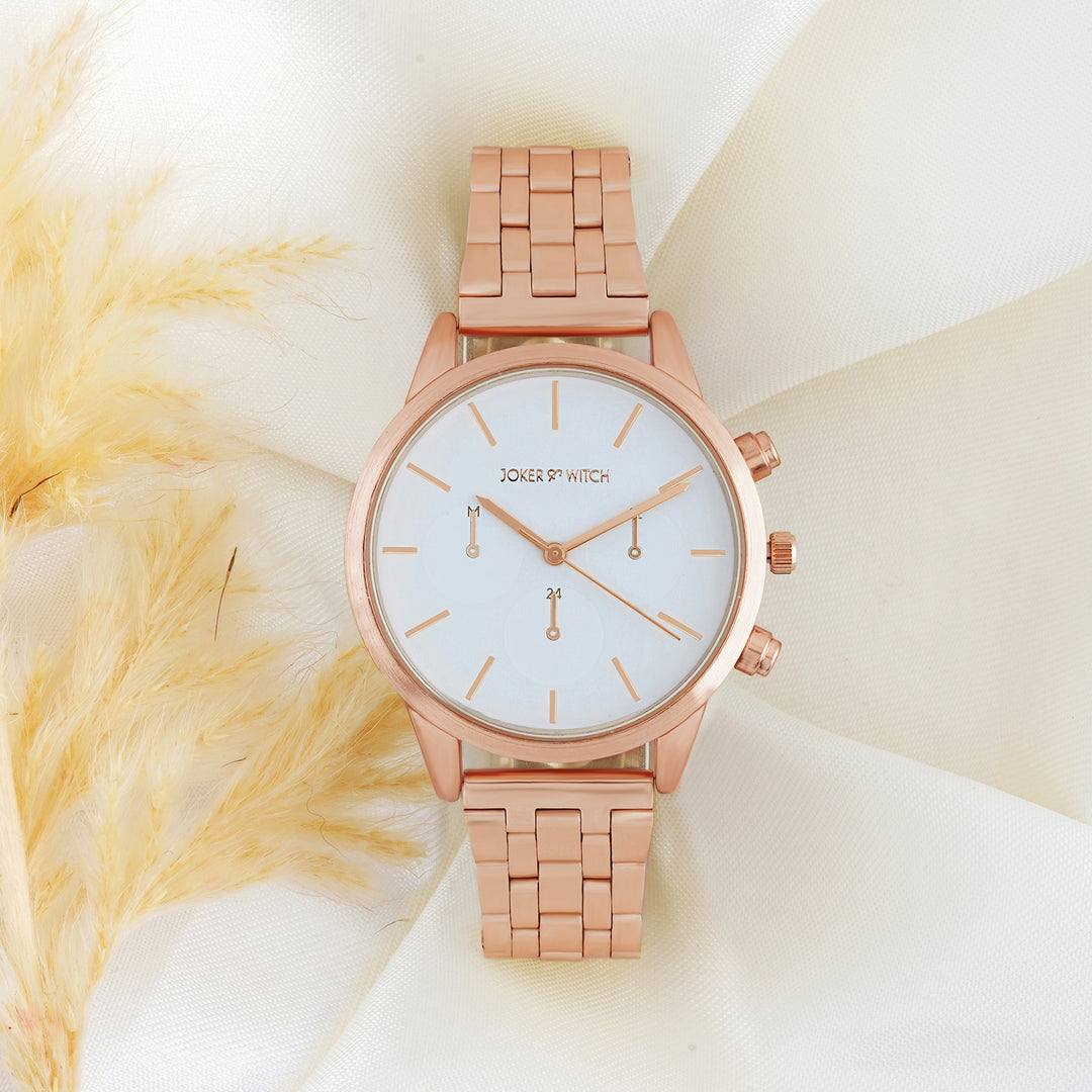 Prague White Large Dial Rose Gold Linked Chain Strap Women's Watch