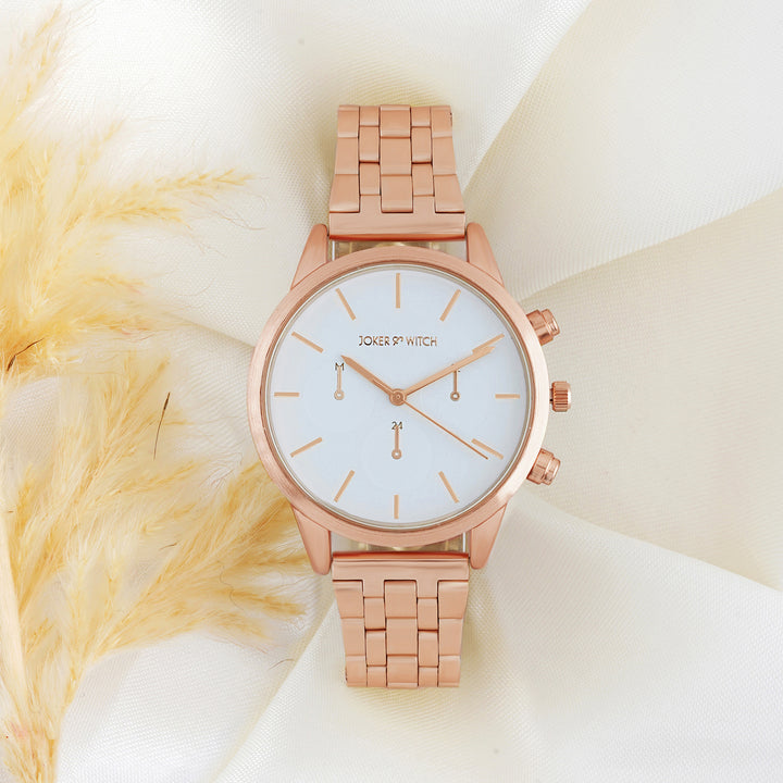 Prague White Large Dial Rose Gold Linked Chain Strap Women's Watch