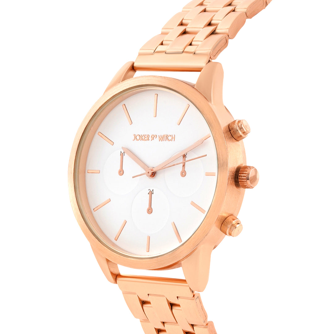 Prague White Large Dial Rose Gold Linked Chain Strap Women's Watch