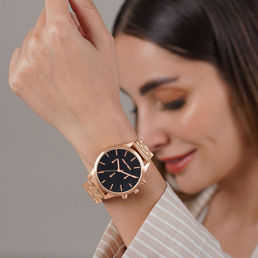 Prague Black Large Dial Rose Gold Linked Chain Strap Women's Watch