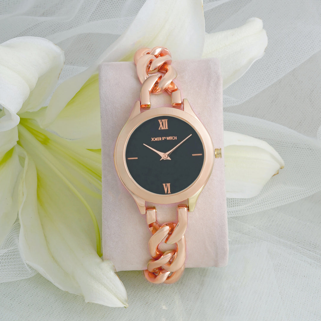 Vegas Black Medium Dial Rose Gold Bracelet Strap Women's Watch