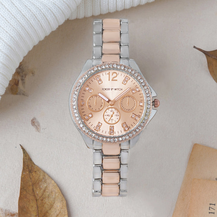 Reina Rose Gold Medium Rhinestone Dial Dual Tone Linked Chain Strap Women's Watch