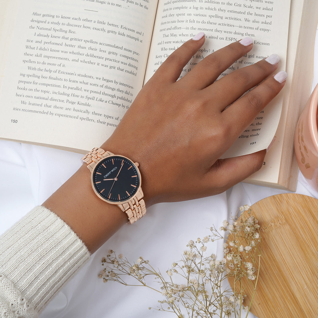 Mini Aimee Black Medium Dial Rose Gold Linked Chain Strap Women's Watch