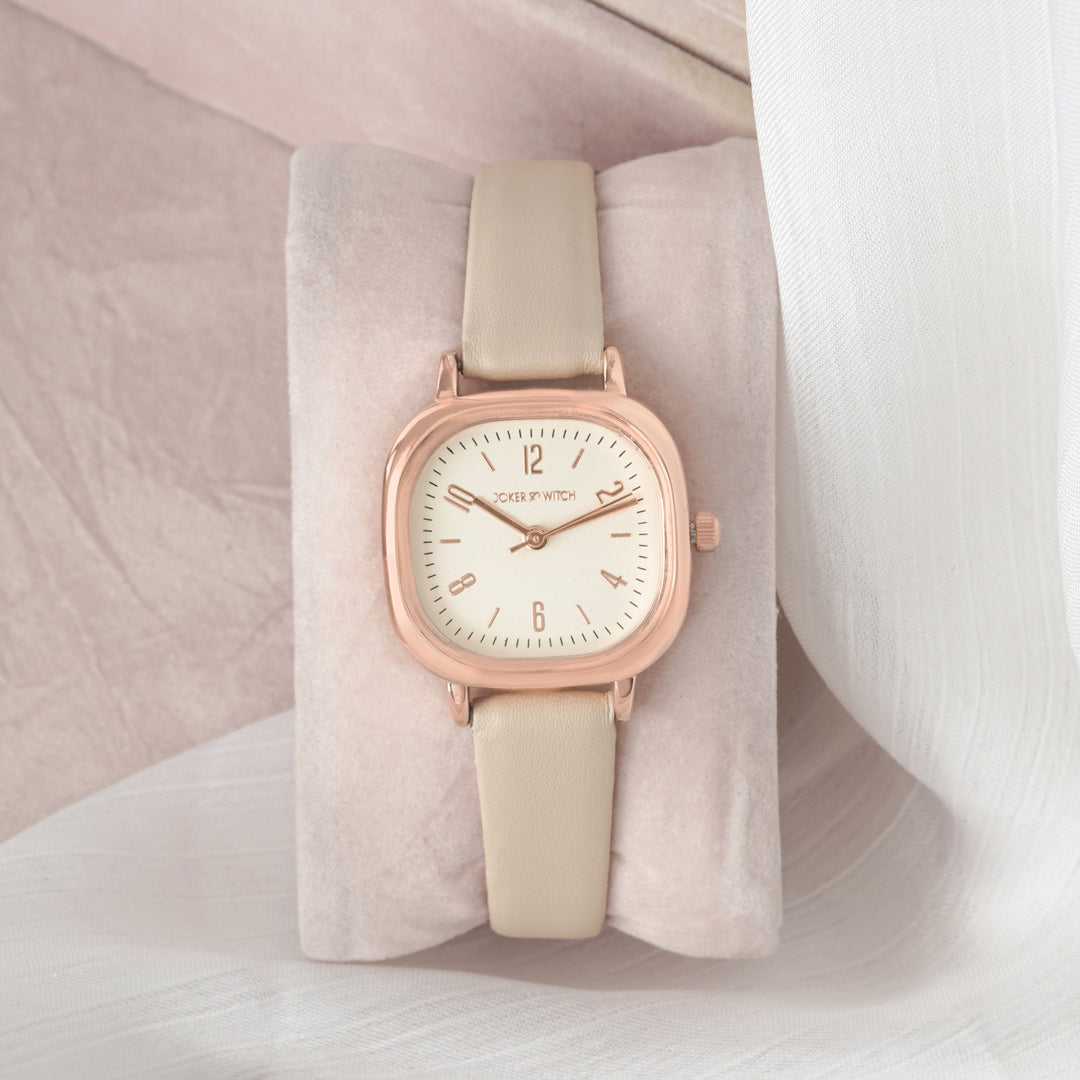 Cinque White Mini Square Dial Beige PU Strap Women's Watch