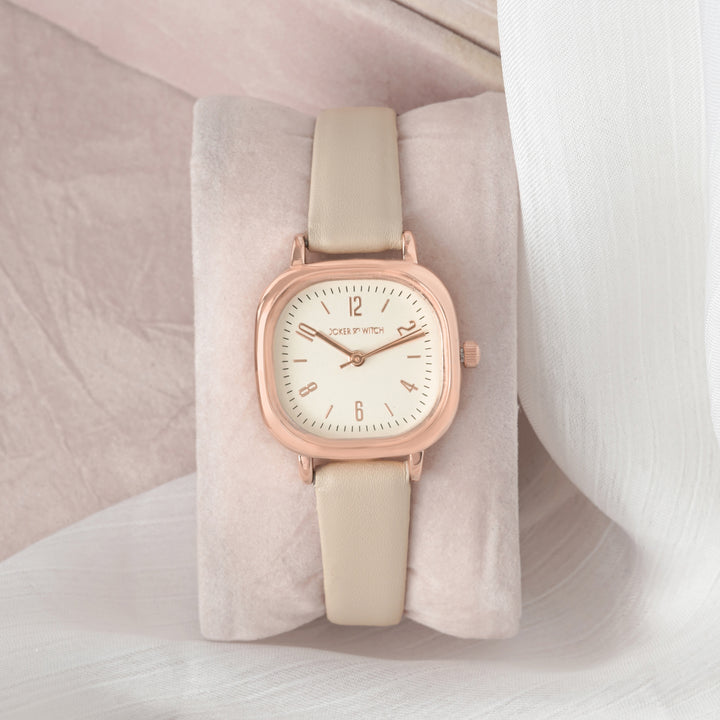 Cinque White Mini Square Dial Beige PU Strap Women's Watch