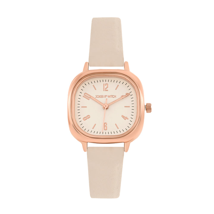 Cinque White Mini Square Dial Beige PU Strap Women's Watch