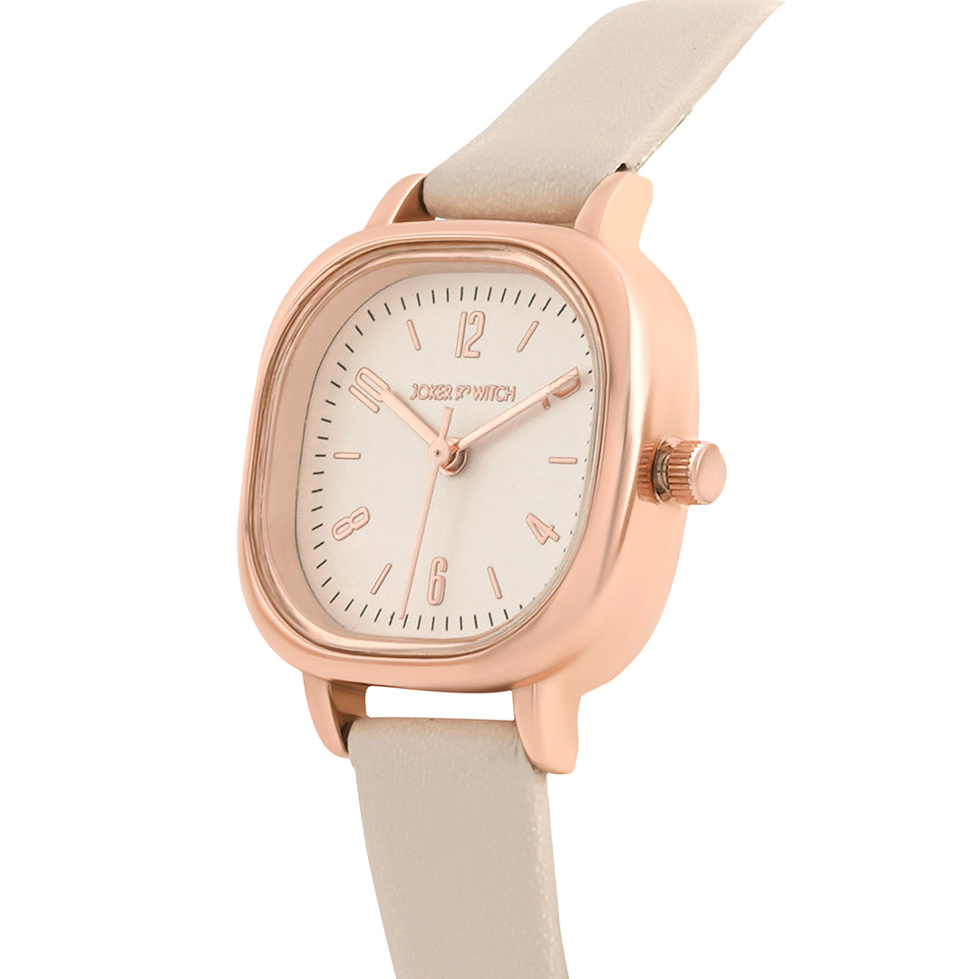 Cinque White Mini Square Dial Beige PU Strap Women's Watch