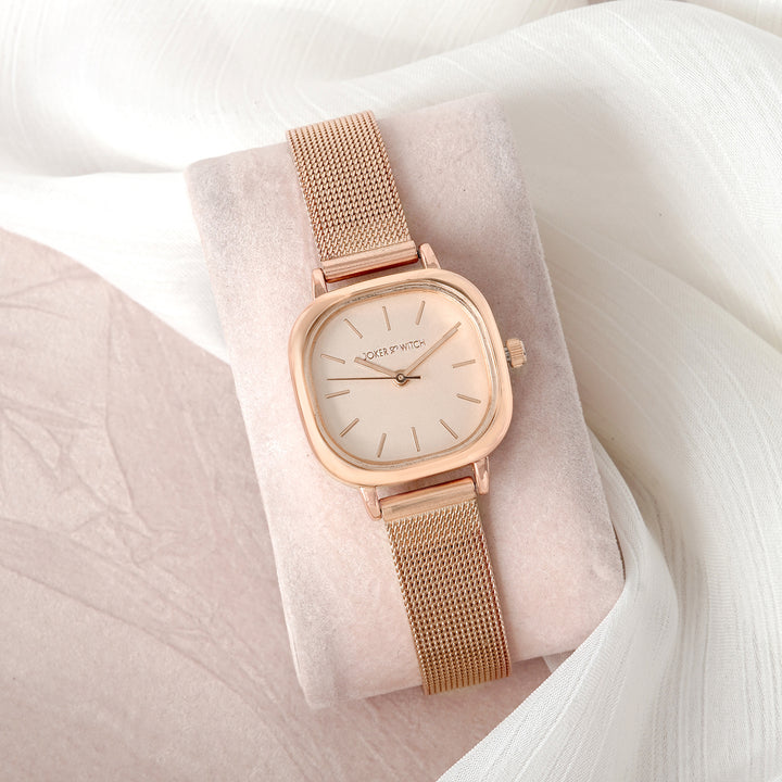 Cinque Beige Mini Square Dial Rose Gold Mesh Strap Women's Watch