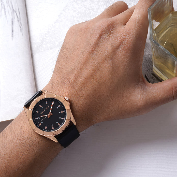 Zonda Rose Gold Black Large Dial PU Strap Men's Watch