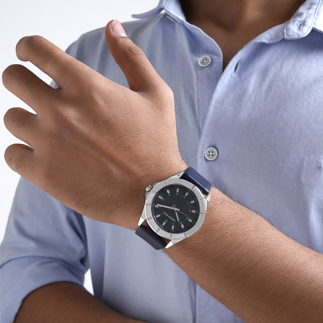 Zonda Silver Blue Large Dial PU Strap Men's Watch