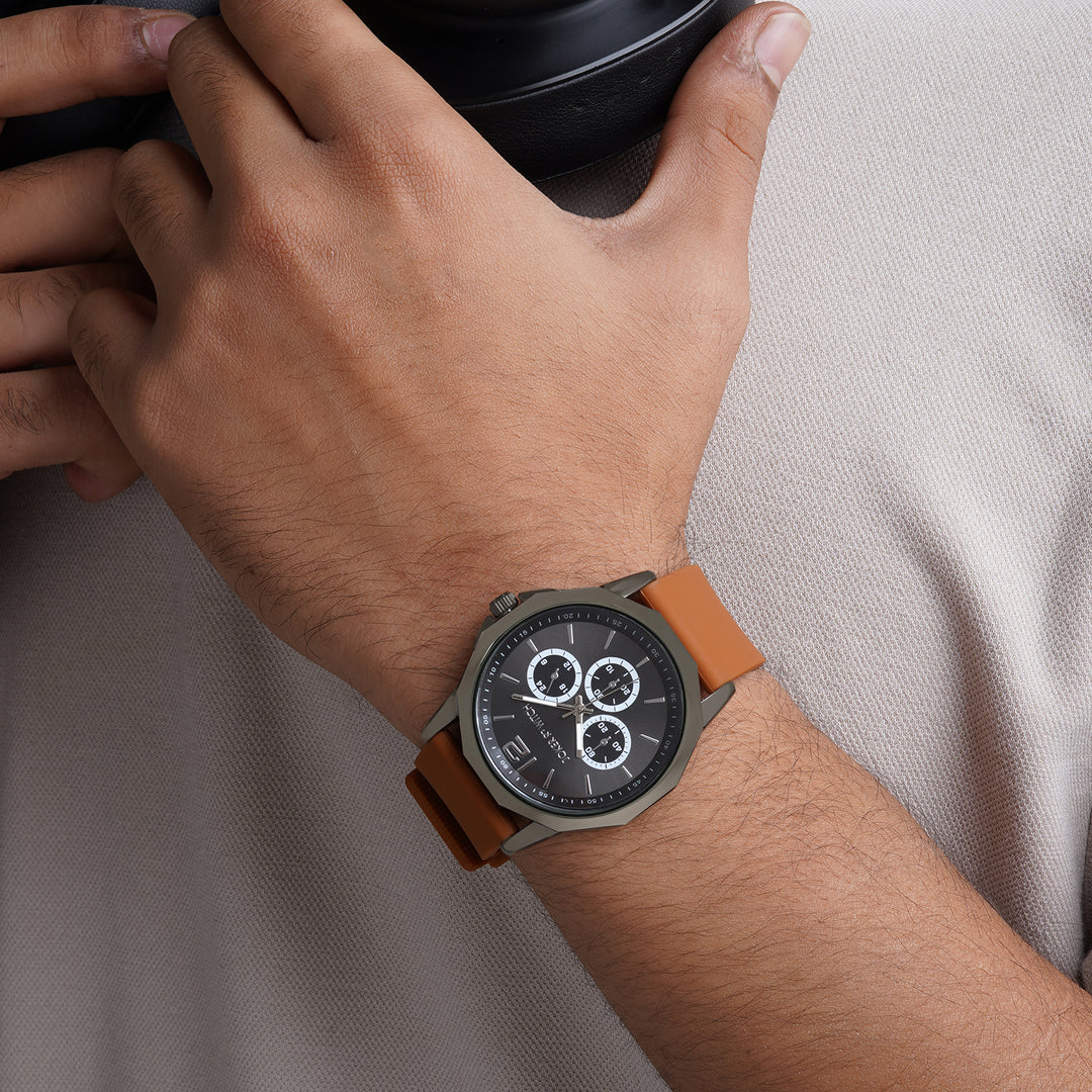 Spyder Black Large Hexagon Dial Brown Silicone Strap Men's Watch