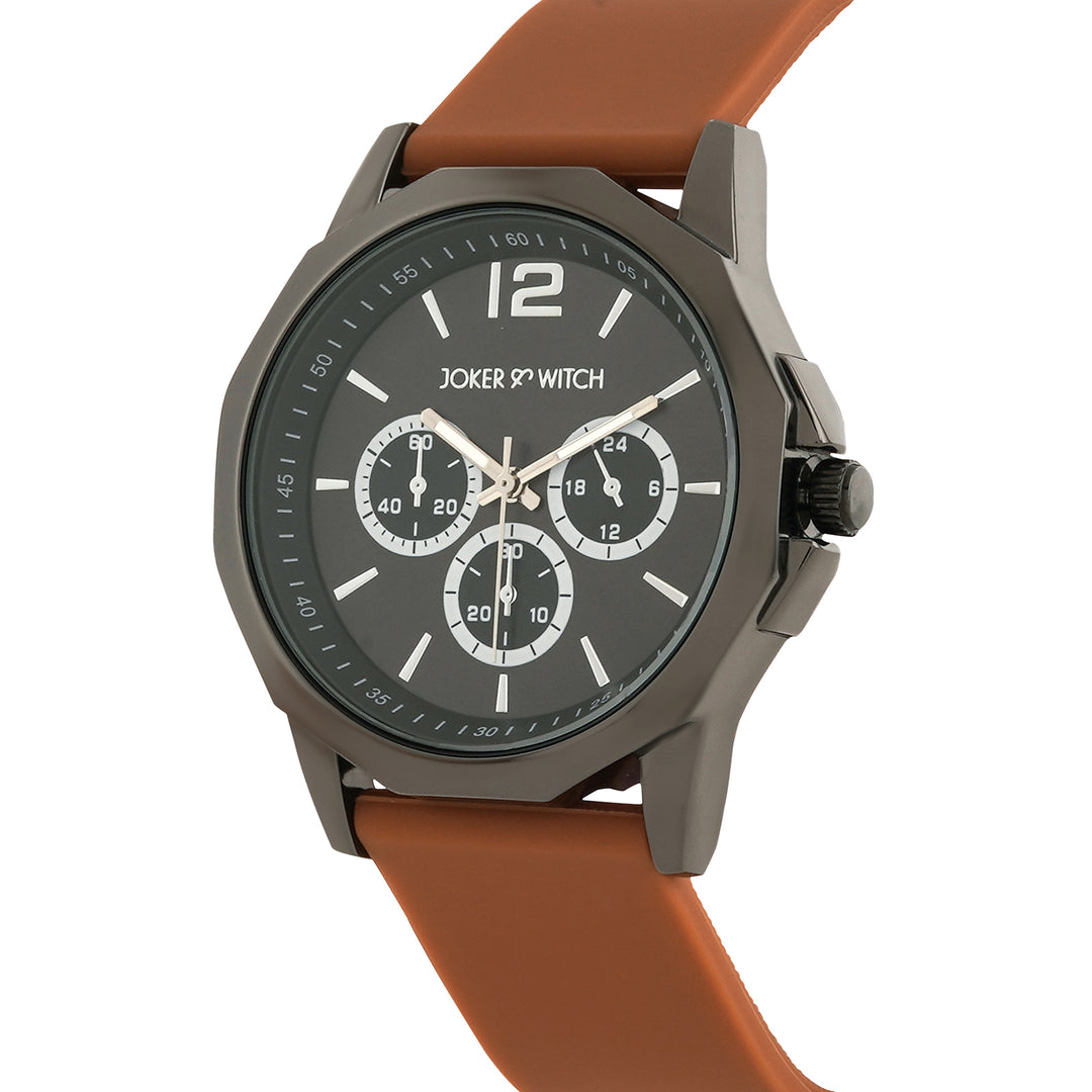 Spyder Black Large Hexagon Dial Brown Silicone Strap Men's Watch