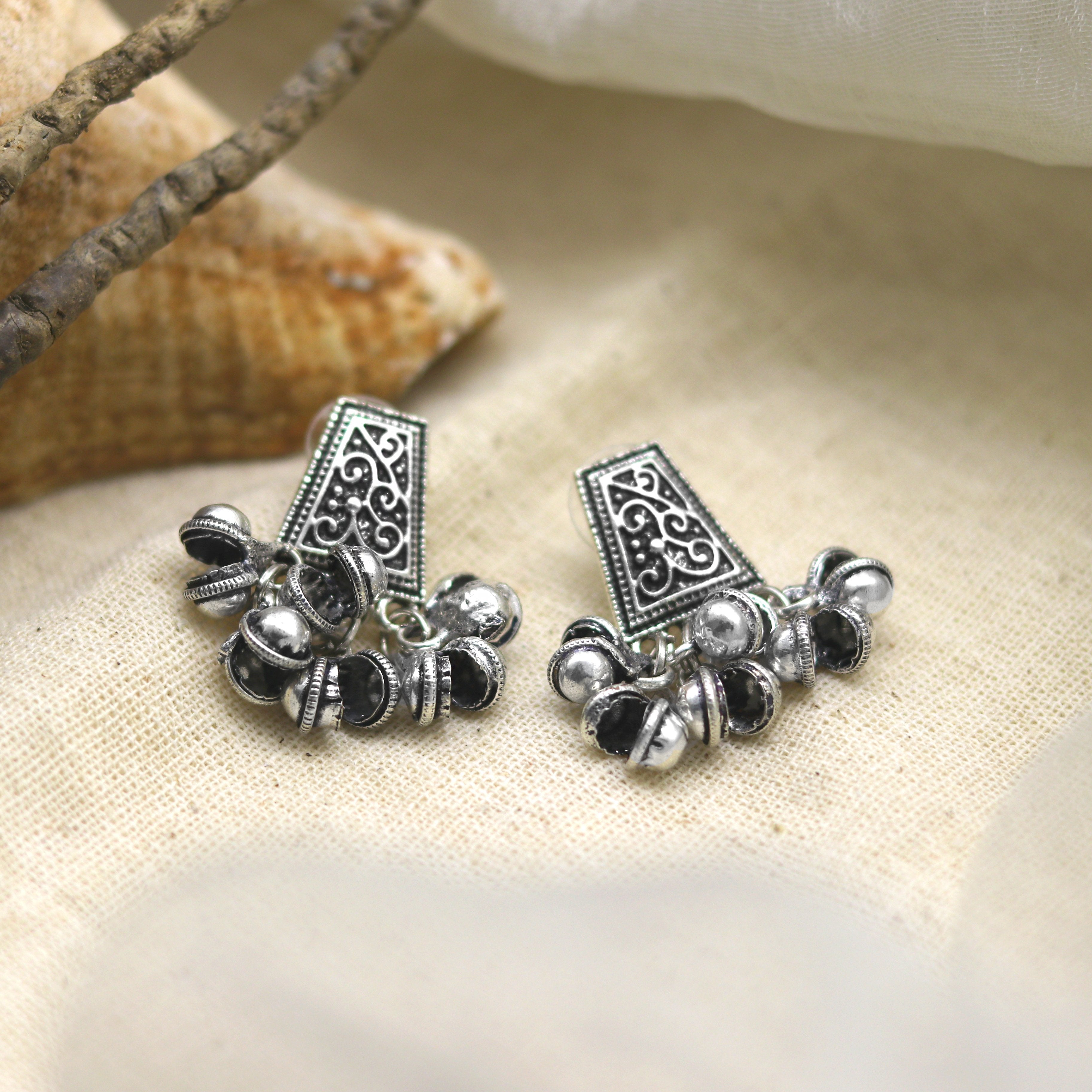 Teejh Indian Ethnic Jewellery- Silver Oxidized Ghungroo Earrings