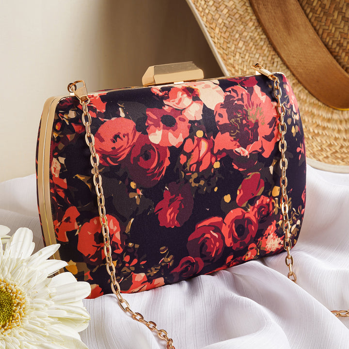 Midnight Mimosa Black And Red Printed Clutch