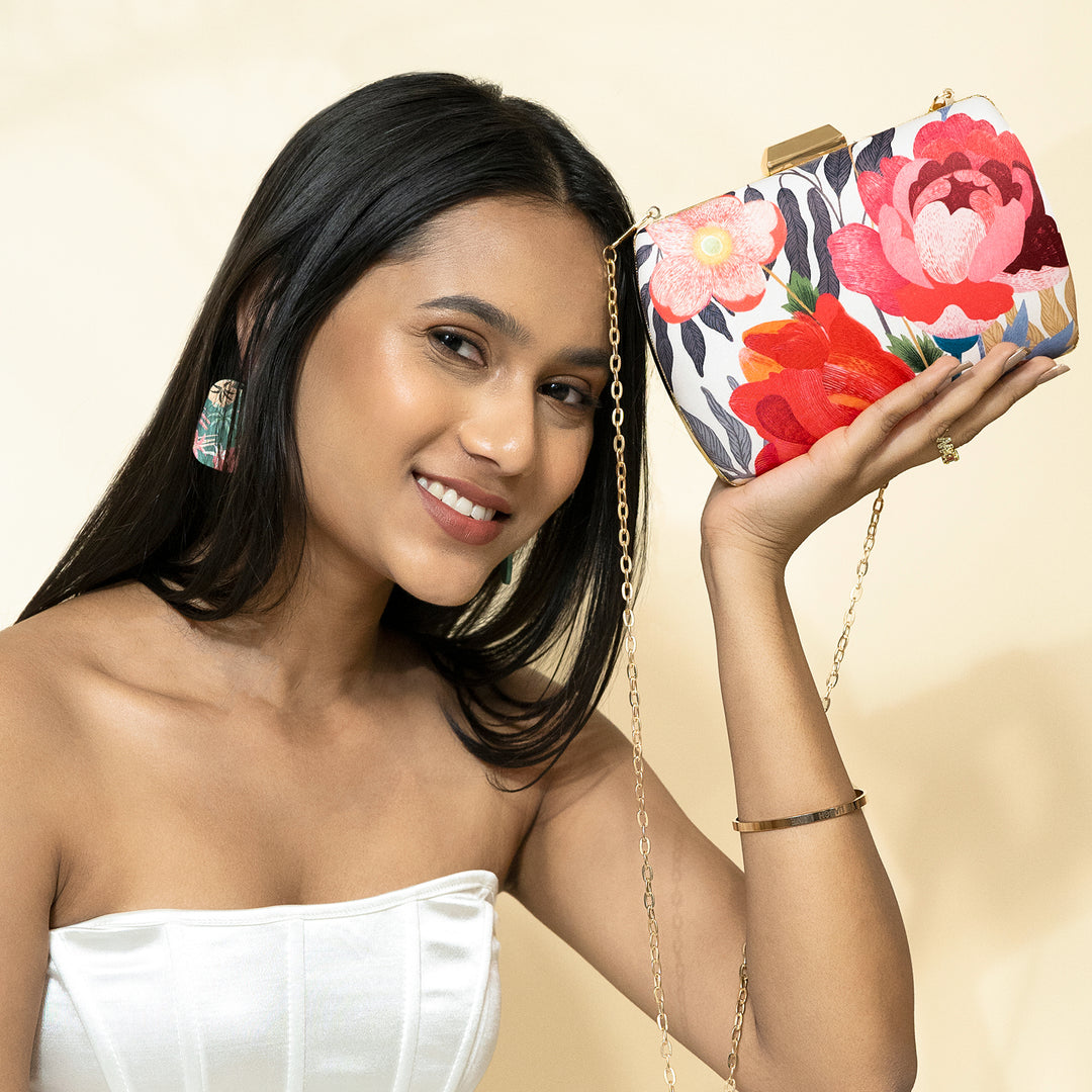 Blooming Coral Cream And Pink Printed Clutch