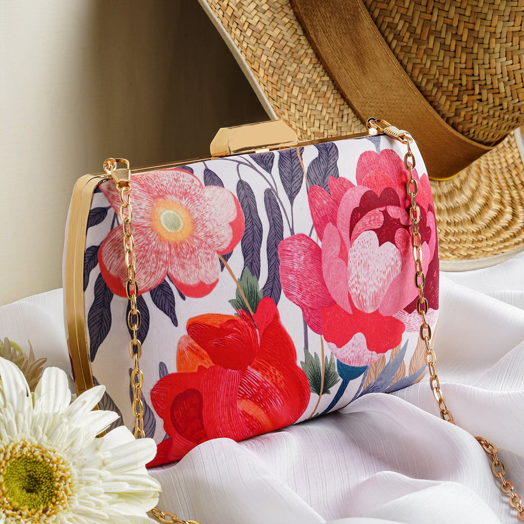 Blooming Coral Cream And Pink Printed Clutch
