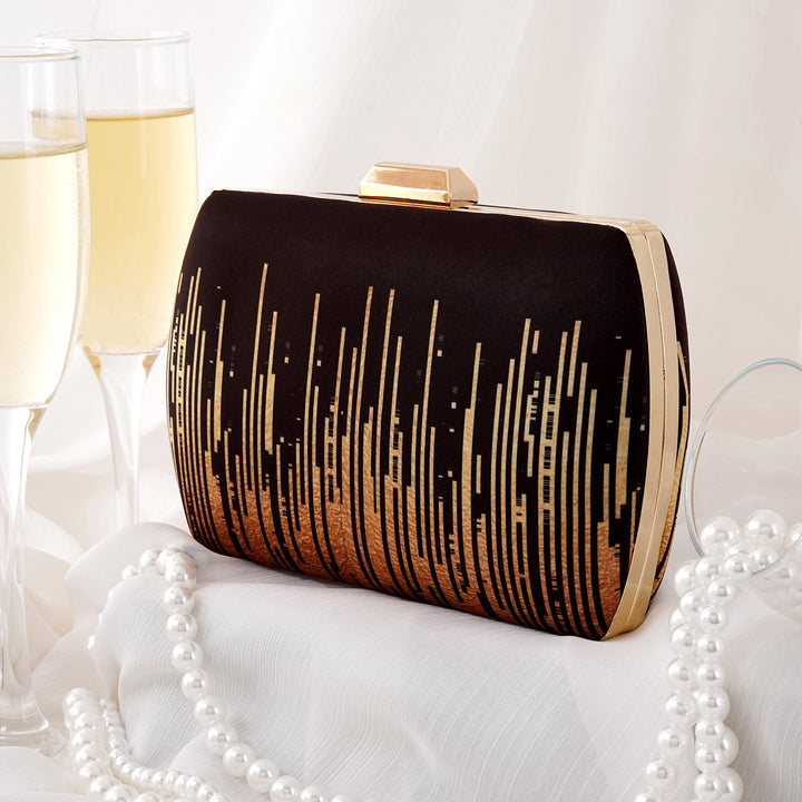 City Scape Black and Gold Printed Clutch