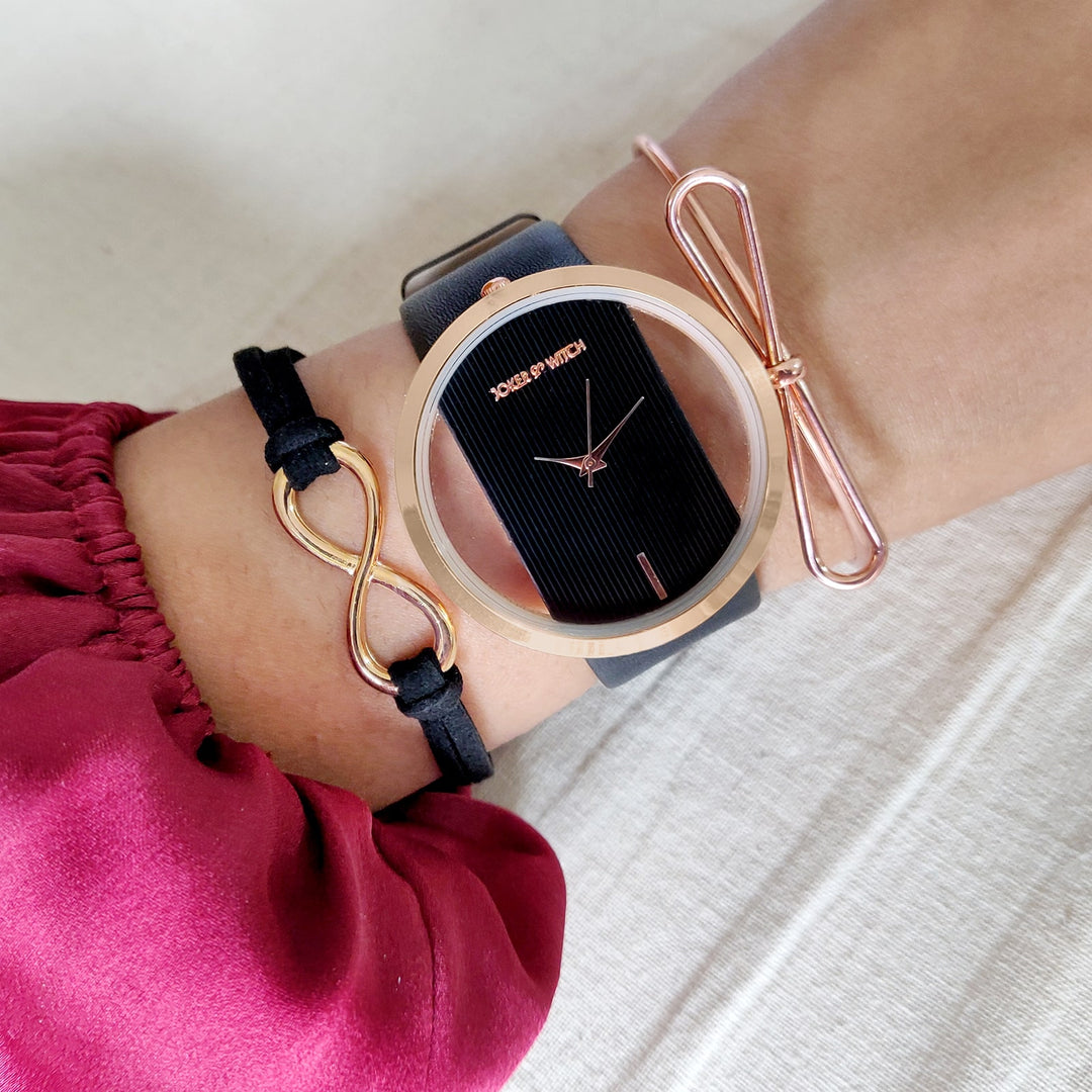 Noir Black and Rosegold Watch Bracelet Stack - Joker & Witch
