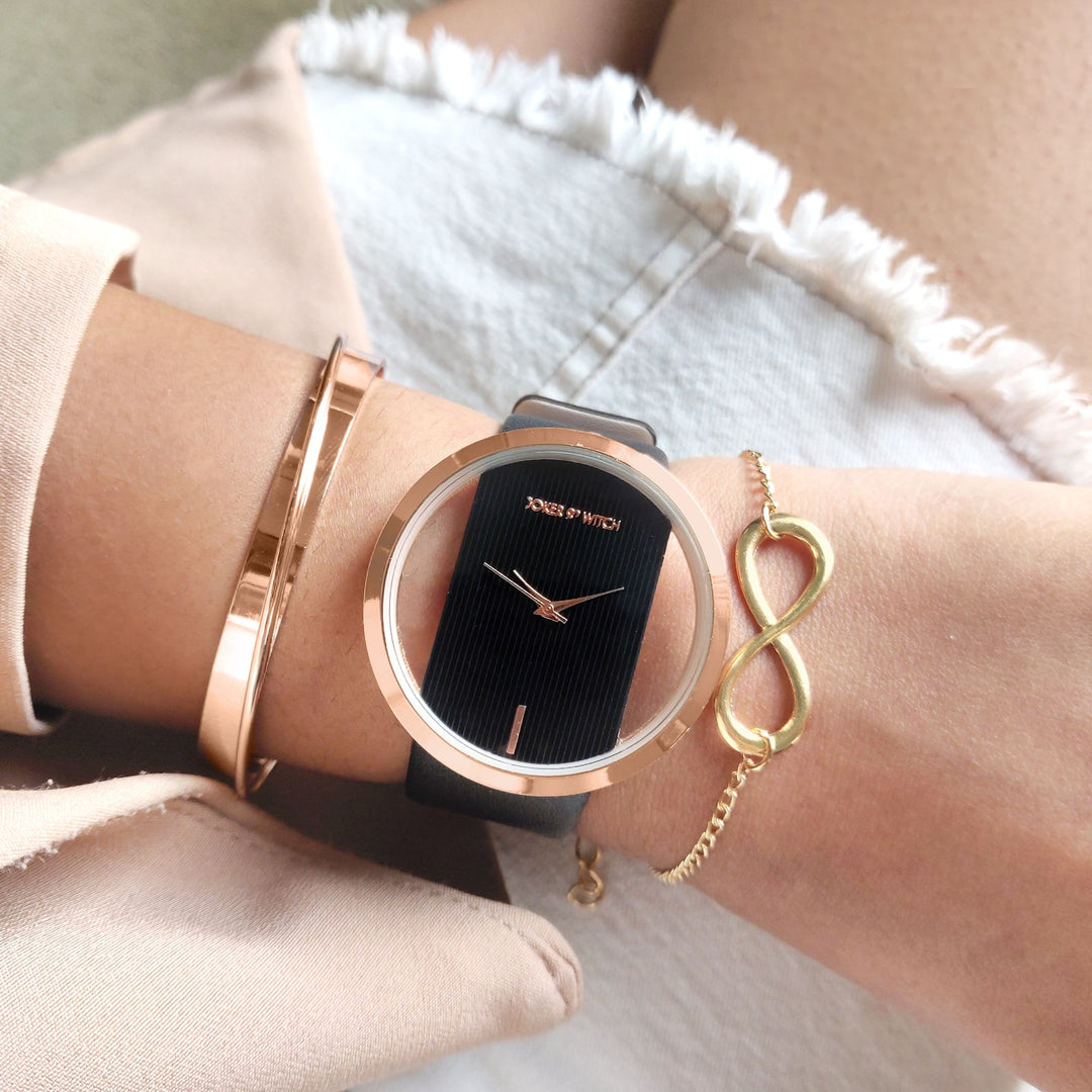 Joker Witch Black and Rosegold Watch Bracelet Gift Set For Women