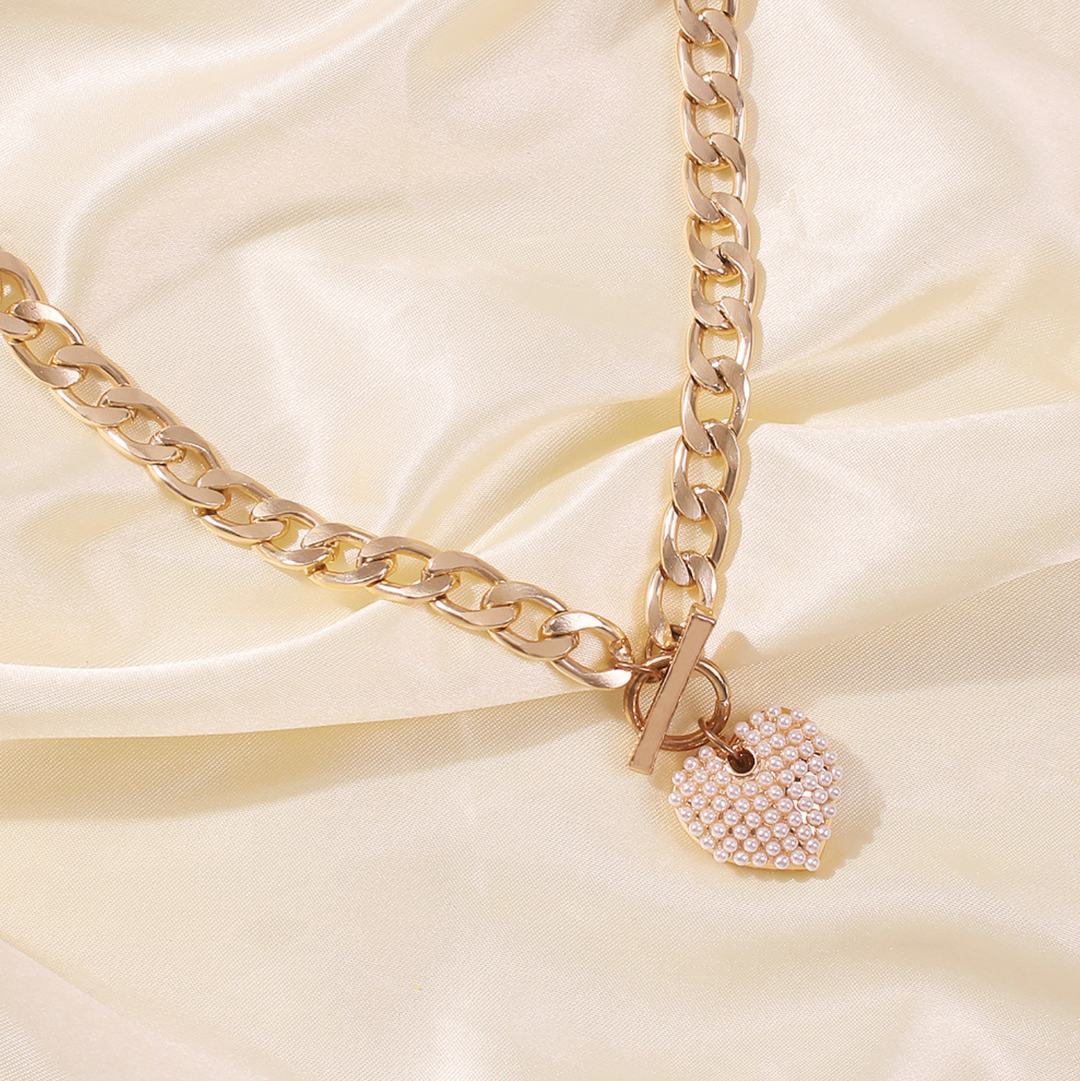 Heart Pearl Charm Gold Chain Link Necklace