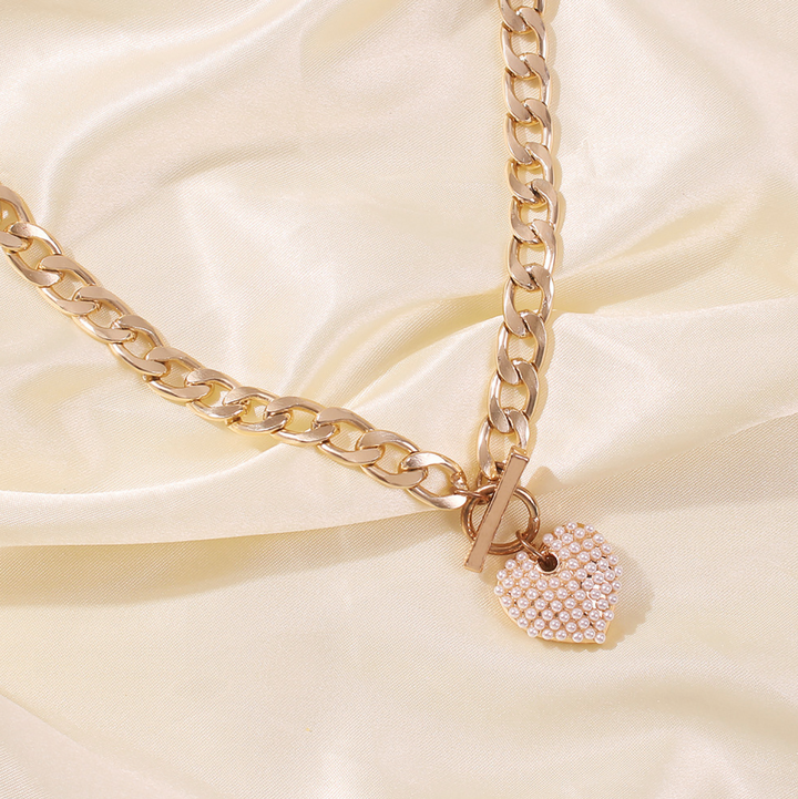 Heart Pearl Charm Gold Chain Link Necklace
