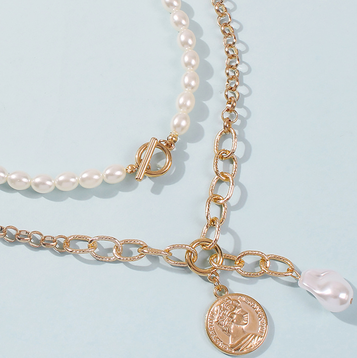 Alluring Pearl and Gold Chain Link Layered Necklace
