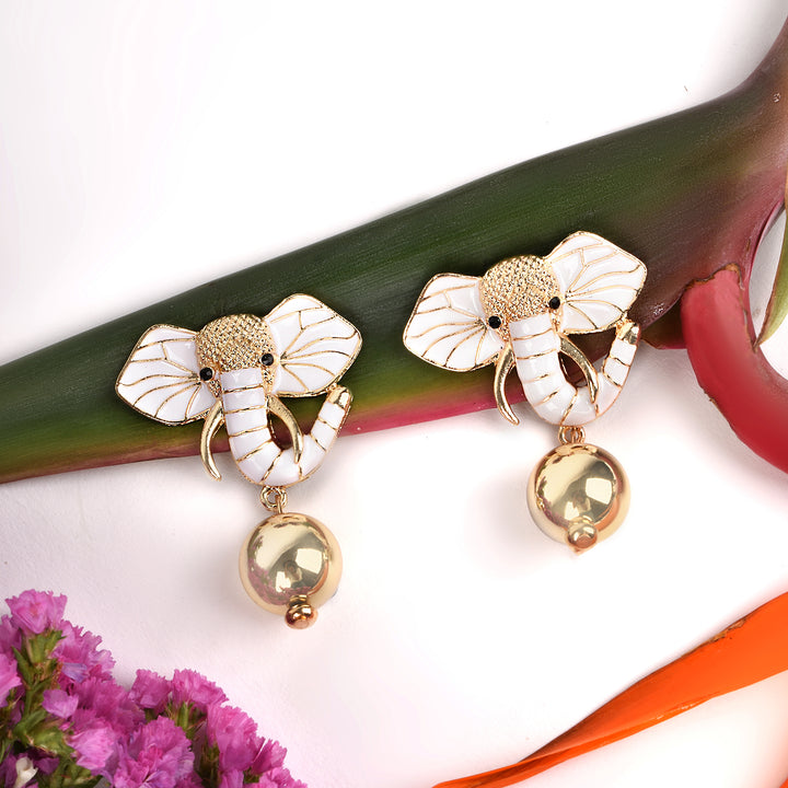 Eli The Elephant White And Gold Earring