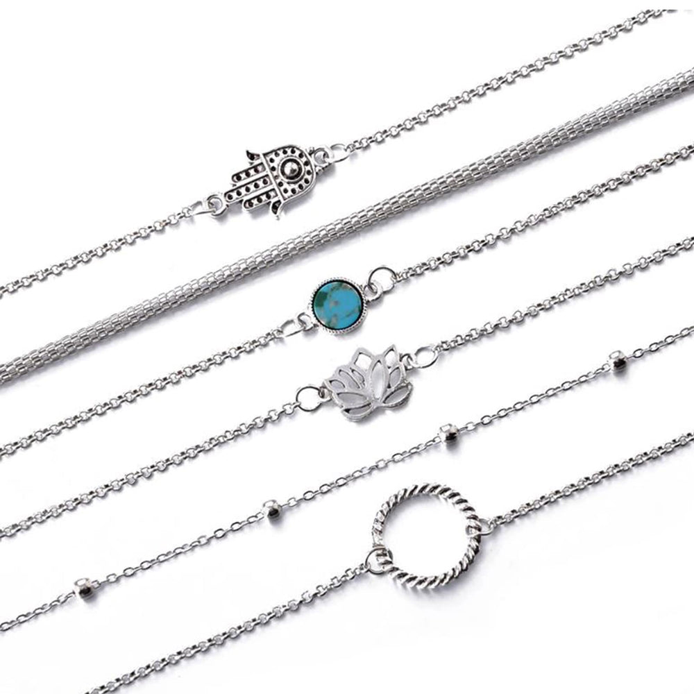 Hamsa Set Of 6 Silver Bracelets - Joker & Witch