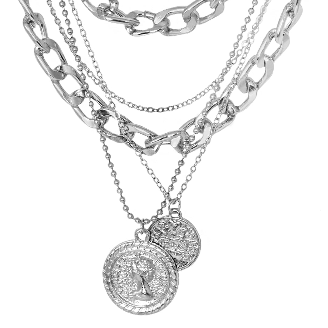 Chain Link Medallion Layered Silver Necklace