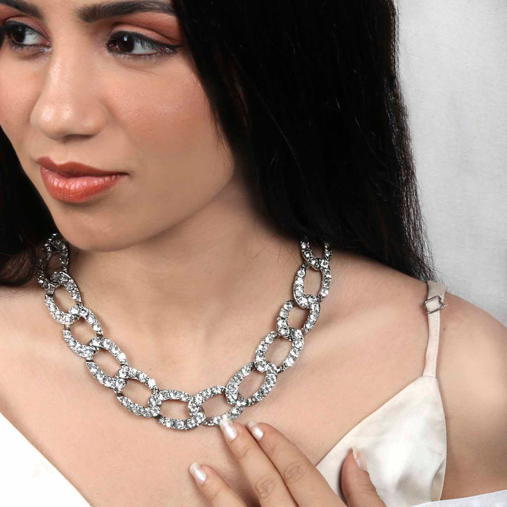 Michele Silver Rhinestone Studded Choker Necklace