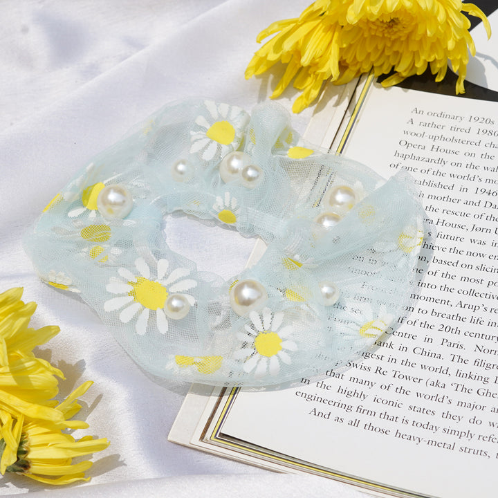 Daisy Pearl Green Hair Scrunchie