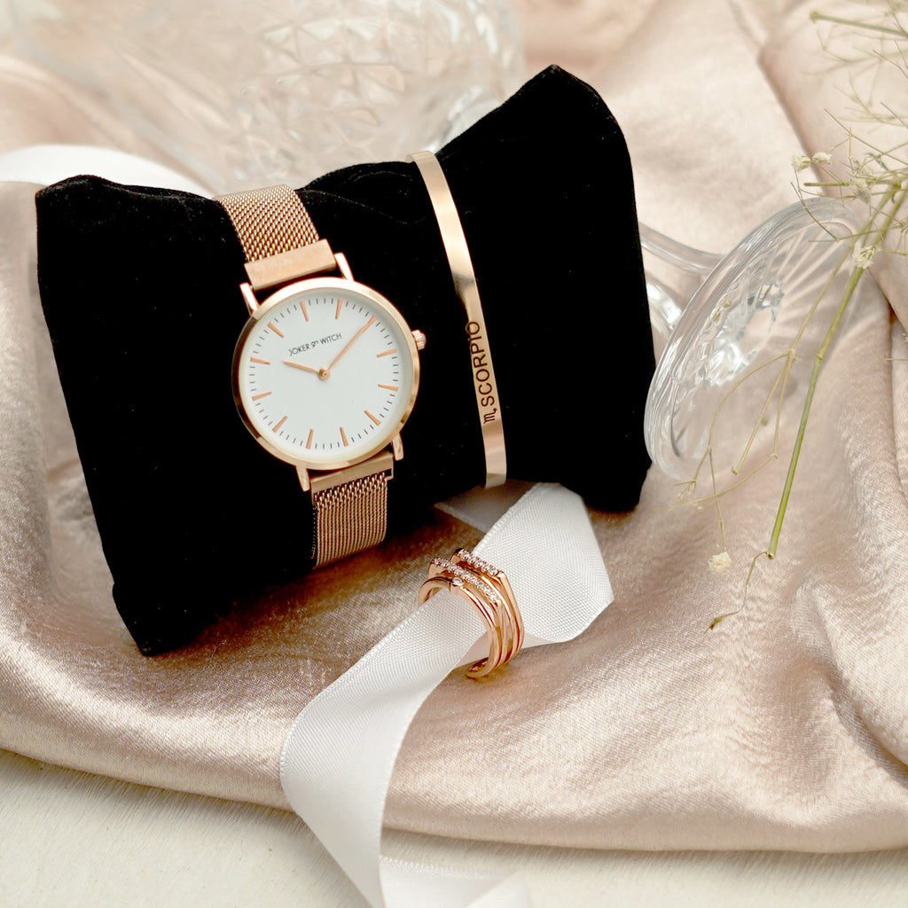 Joker & Witch Rosegold Watch, Zodiac band & Ring Gift Set for Women