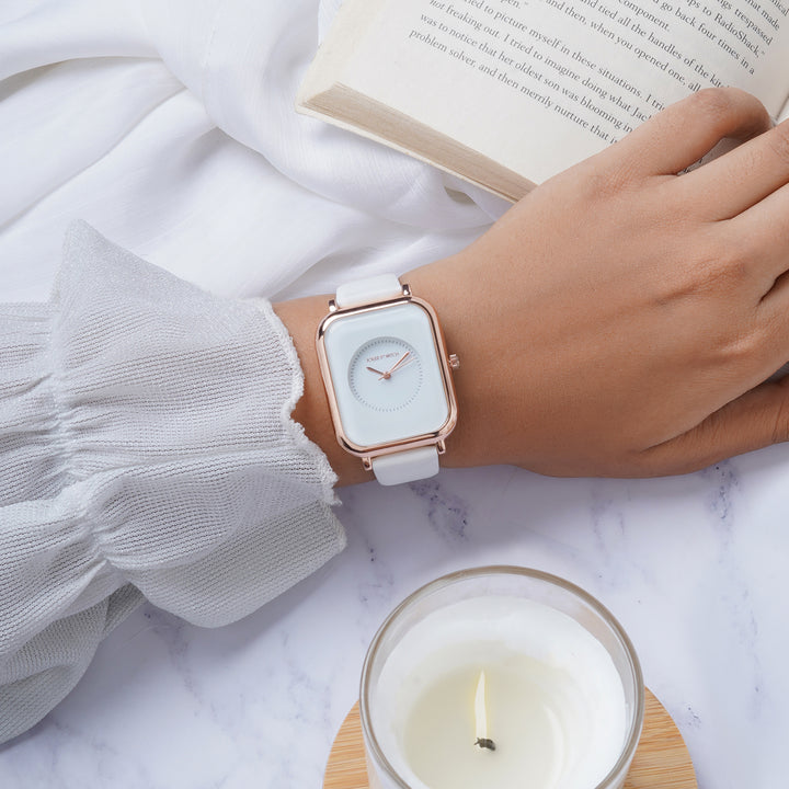 Utopia White Medium Rectangle Dial PU Strap Unisex Watch