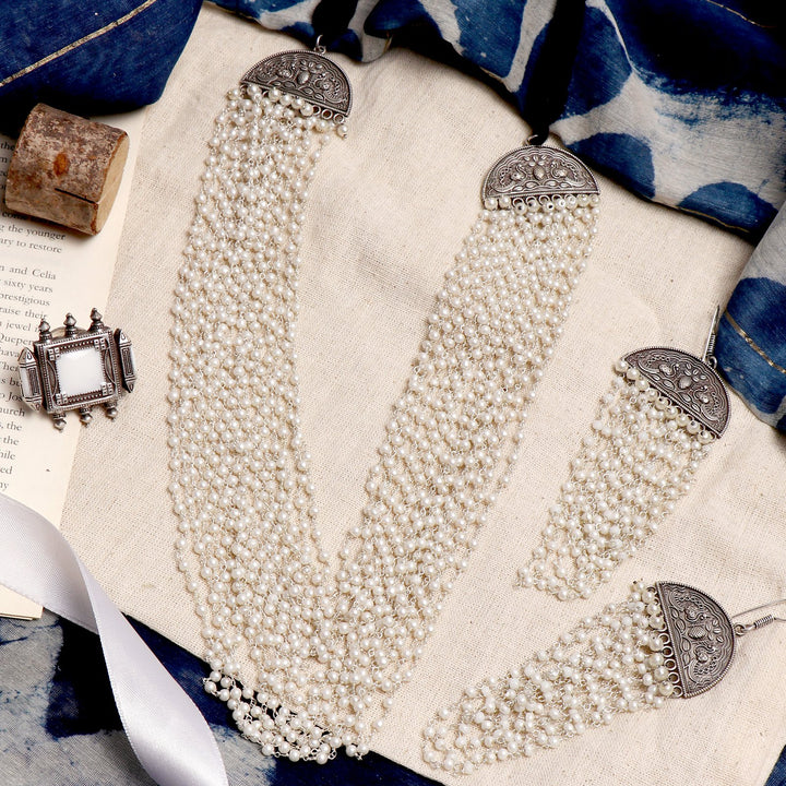 Eka Pearls Metallic Silver Oxidized Jewelry Gift Set