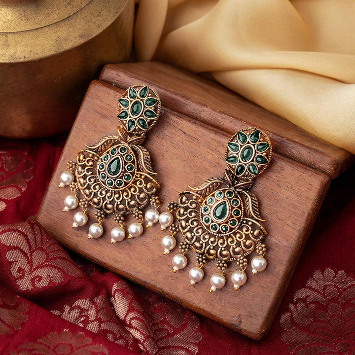 Teejh Vikasini Dark Green Gold Enamel Earrings