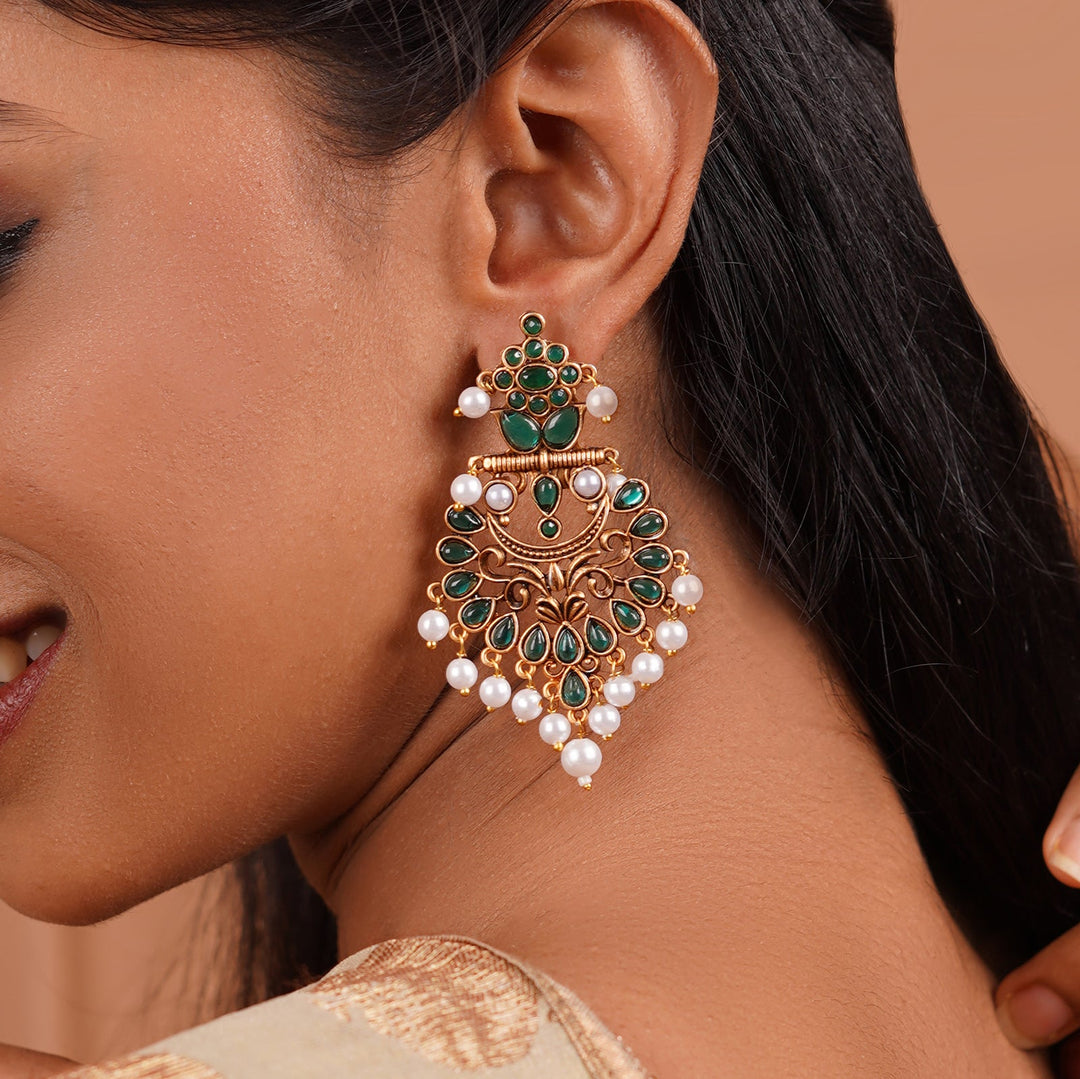 Teejh Rutuja Dark Green Gold Enamel Earrings