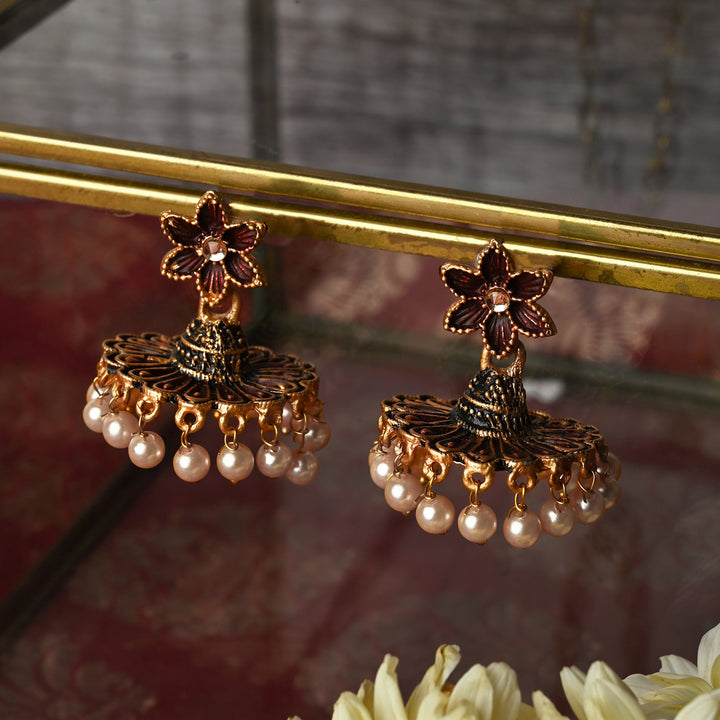 Teejh Arika Maroon and Black Gold Enamel Earrings