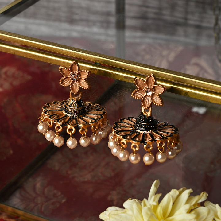 Teejh Arika Nude Pink and Black Gold Enamel Earrings
