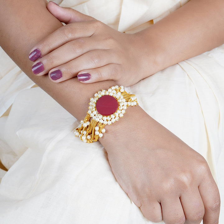 Teejh Eiravathi red Studded layered chain pearl bracelet