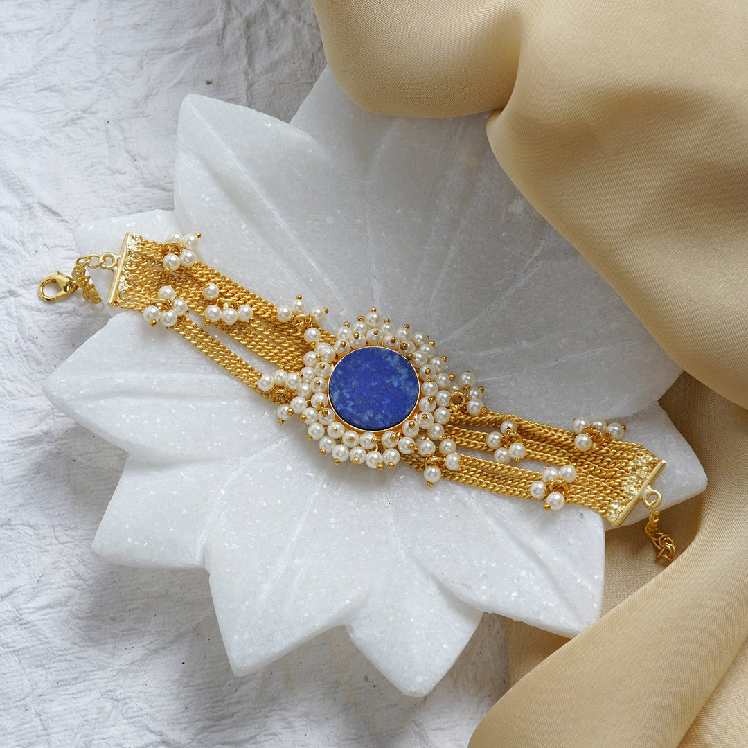 Teejh Eiravathi Blue Studded Layered Chain Pearl Bracelet