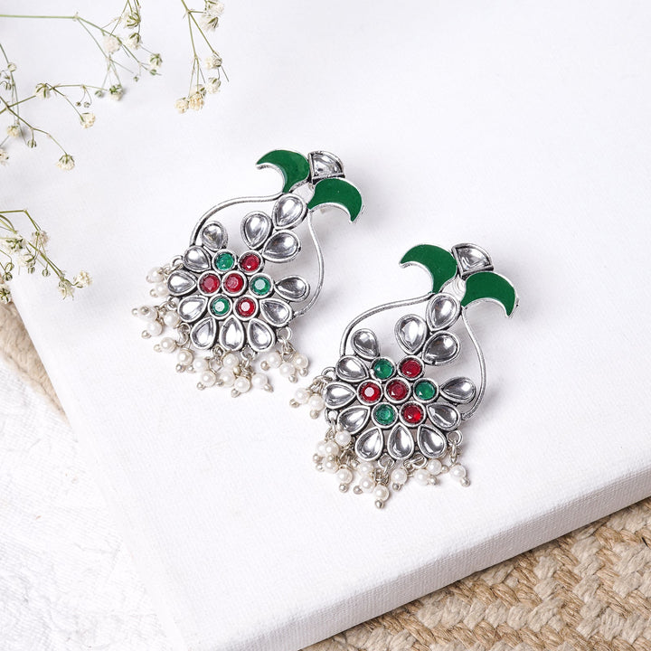 Teejh Sunehri Green Red Silver Oxidised Earring